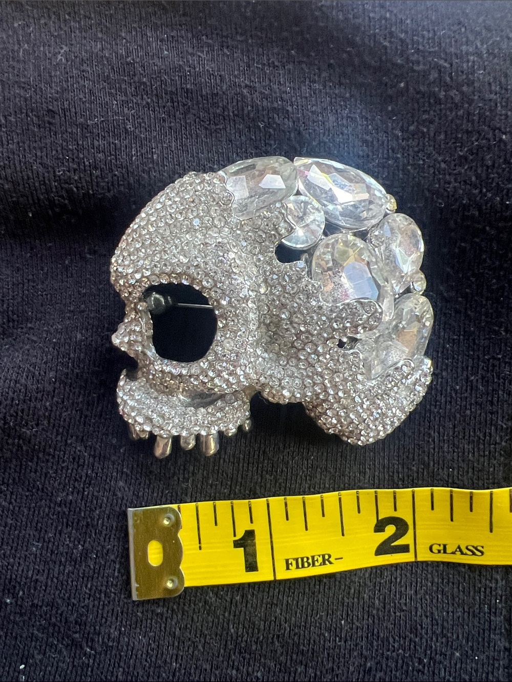 Large Crystal Skull Brooch - Silver Rhinestone Accent goth Halloween spooky